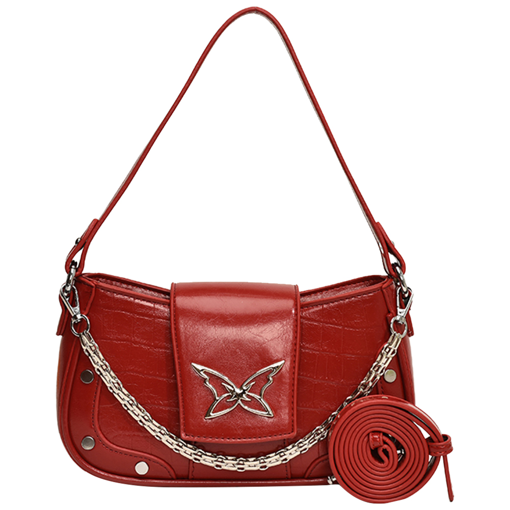 Women PU Leather Crossbody Bag Butterfly Pattern Y2k Handbag with Chain Hobo Bag Adjustable Strap Satchel Purse for Work Travel