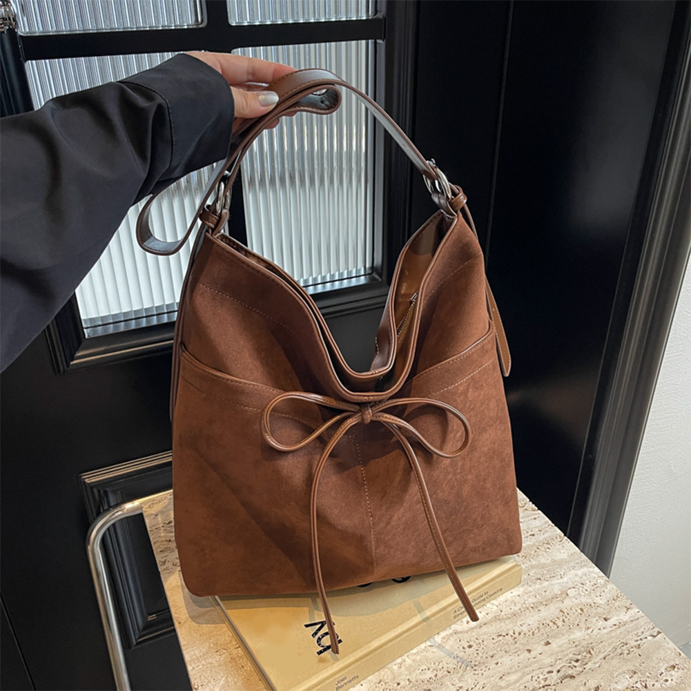 Handbag PU Leather Adjustable Strap Crossbody Bag for Women Bow Bucket Bag with Zipper Satchel Bag for Work Travel