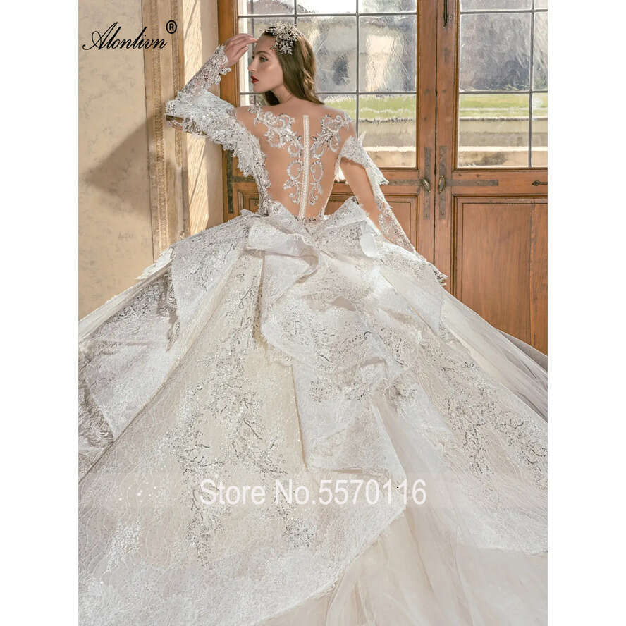 Alonlivn Bg Pearls Lace Tulle V-Neck Ball Wedding Dresses Tiered Cathedral Train Full Sleeves Princess Bride Gown