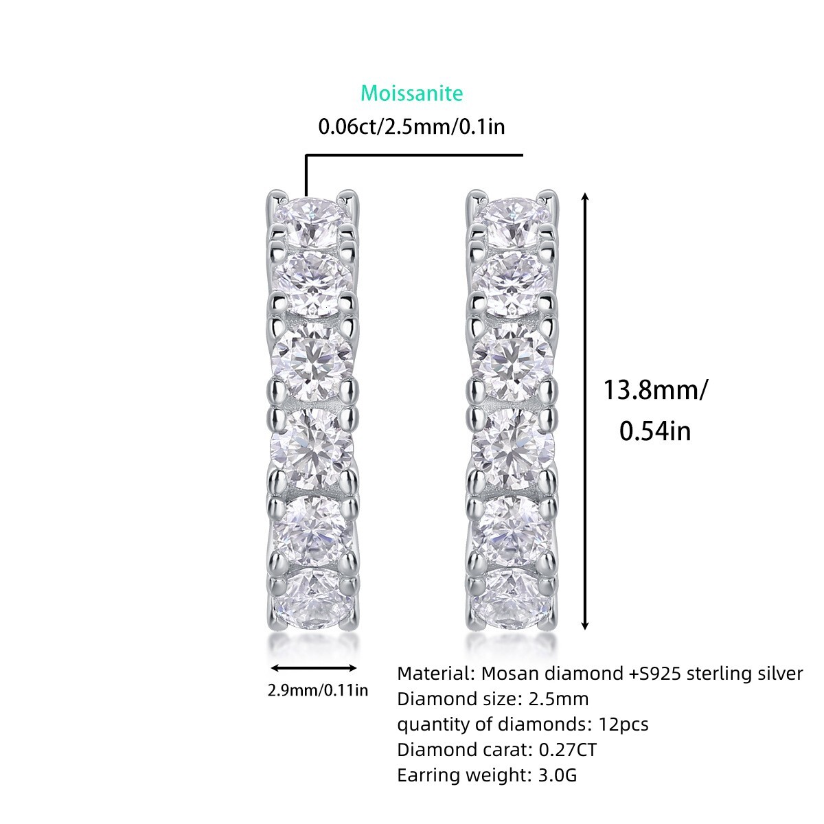 In Stock Sier High Quality 2.5mm Moissanite Dia Hoop Hie Earrings Fine Pure S Sterg Women Jewelry