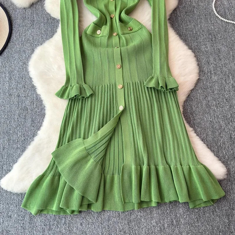 YuooMuoo 2024 Autumn Winter Women Knitted Maxi Dress Fashion V-neck Elegant Buttons Slim Waist Ruffled Sweater Dress Party 241108