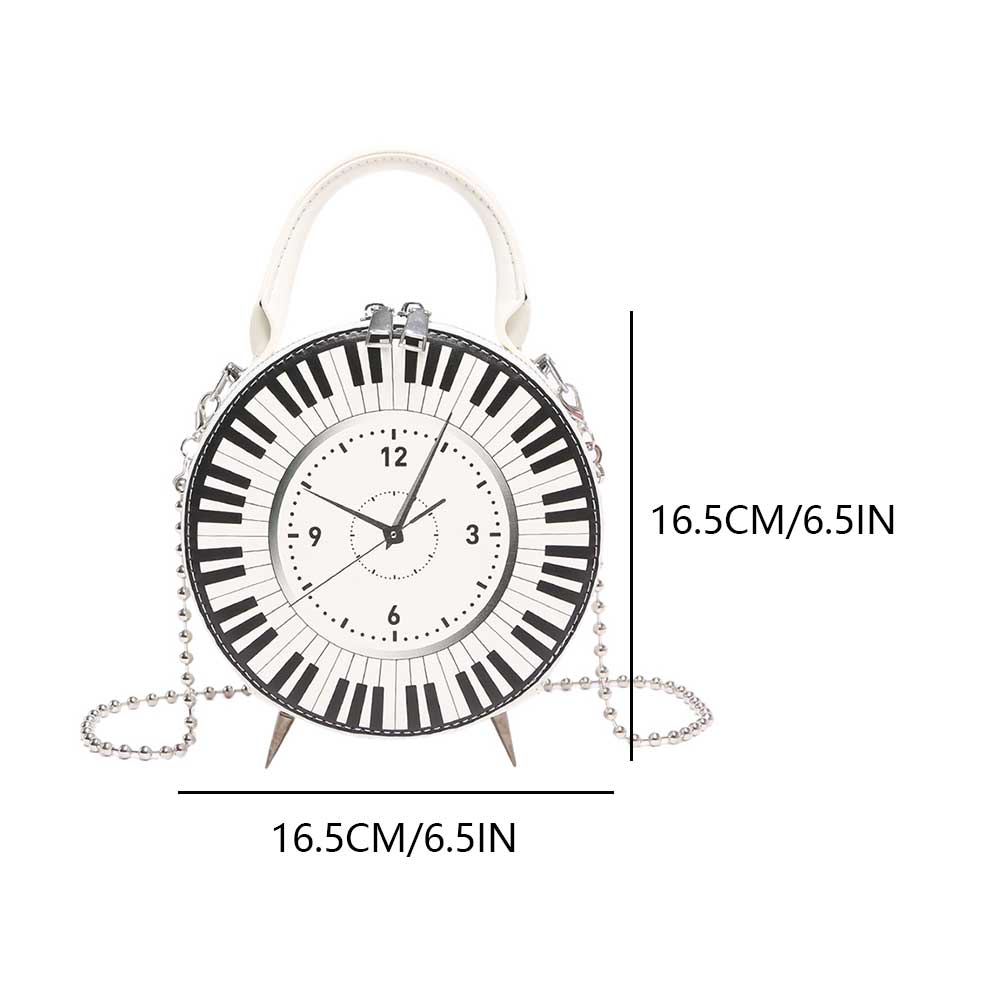 Women PU Retro Clock Dial Handbag Large Capacity Black White Piano Clock Shoulder Purse Clock Shape Crossbody Bag Top Handle Bag
