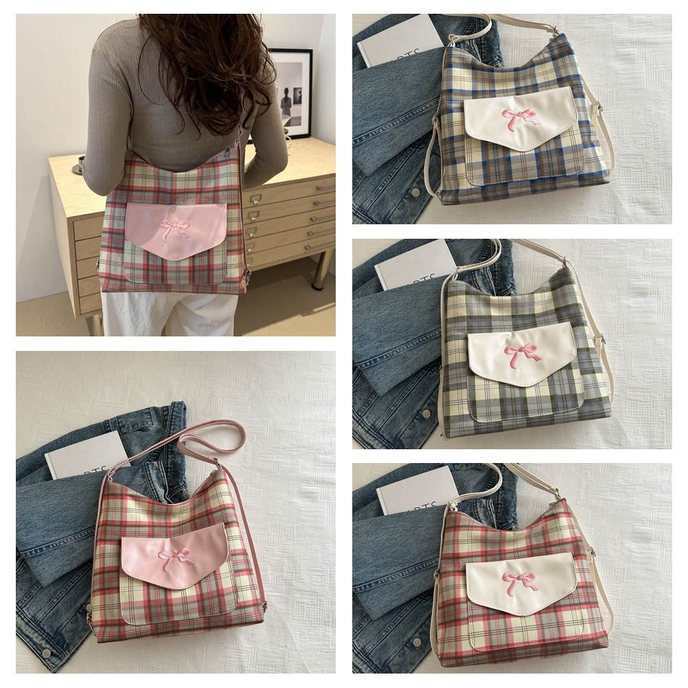 Trendy Korean Style Bowknot Shoulder Bag Sweet Adjustable Strap Lattice Tote Bag Elegant Large Capacity Student Backpack Female