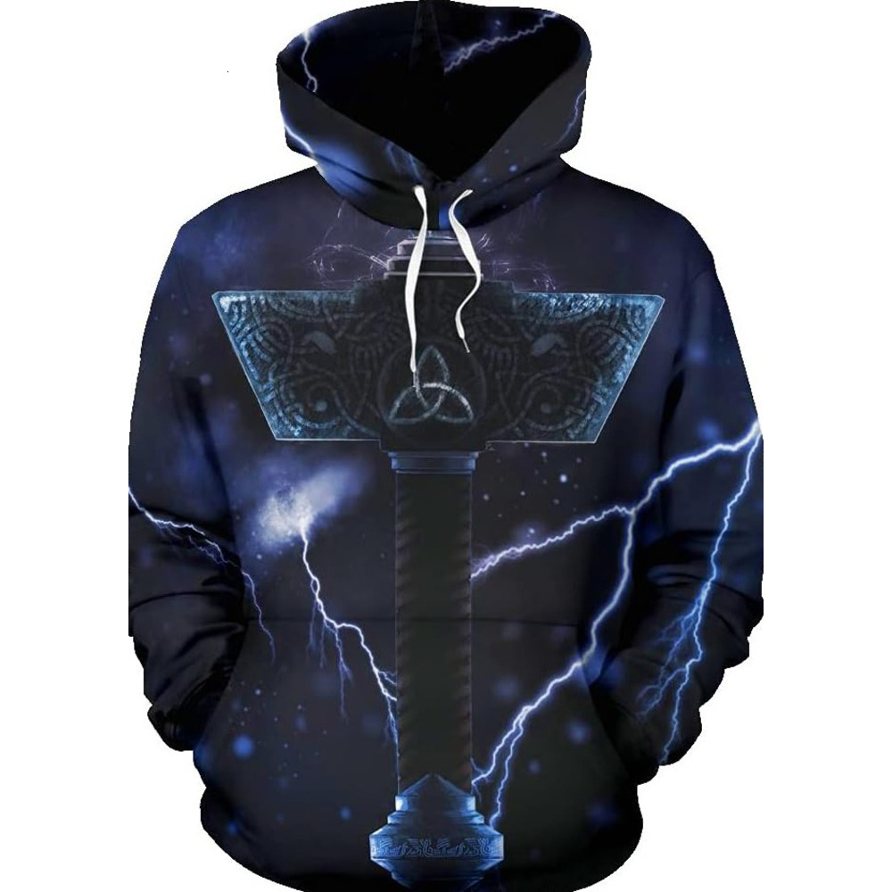 Hoodie for Mens Womens Nordic Myth Thors Hammer Hoodie, 3D All Over Print Viking Pullover, Men Sweatshirt with Pocket Graphic Trendy patterns