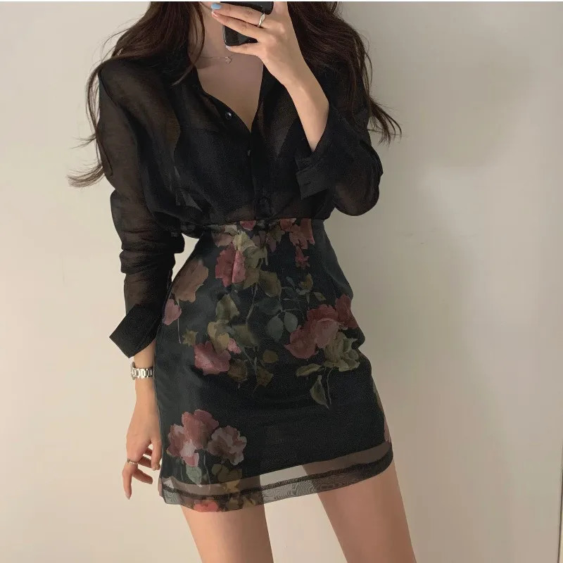 Korea Chic Elegant Women 2 Piece Sets Sexy Seethrough Longsleeved ShirtHigh Waist Aline Floral Print Skirt 2pc OL Suits 240403