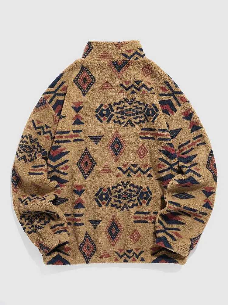 ZUL Mens Hoodie Matte Synthetic Sherpa Zipper Sweatshirt Ethnic Print Fluffy T-shirt Autumn and Winter Turtle Collar Hoodie W241108