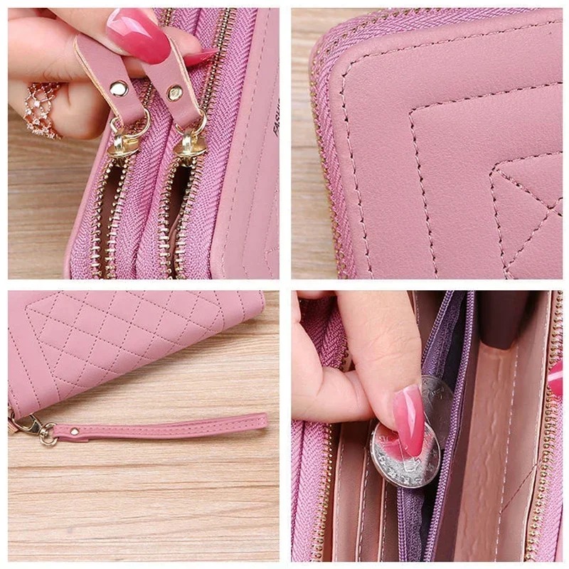 Wallets for Women High Quality Long Pink Wallets Double Zipper PU Leather Clutch Luxury Money Phone Bag Carteras Para Mujeres