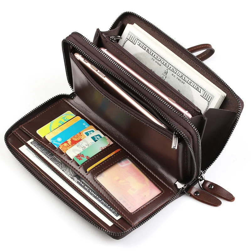 Top Men Long Money Wallet 2022 Double Zipper Coin Pocket Men Wallet Purse Casual Business Card Holder Vintage Male Clutch Bag