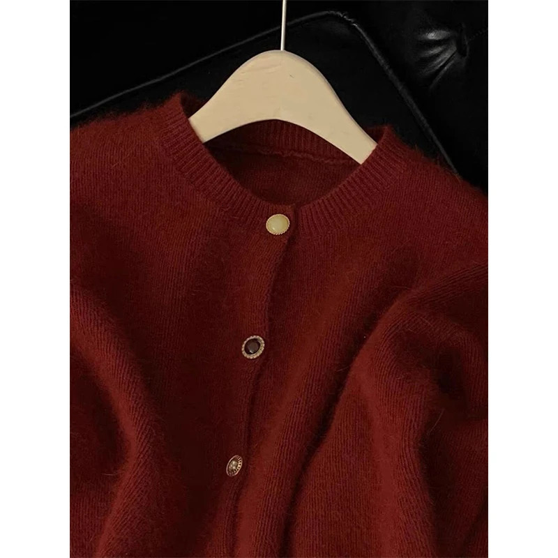 Vintage Cropped Knitted Cardigan Women Korean Long Sleeve Sweater Outerwears Winter Ladies Elegant Chic Knitwear Casual Jumpers 241108