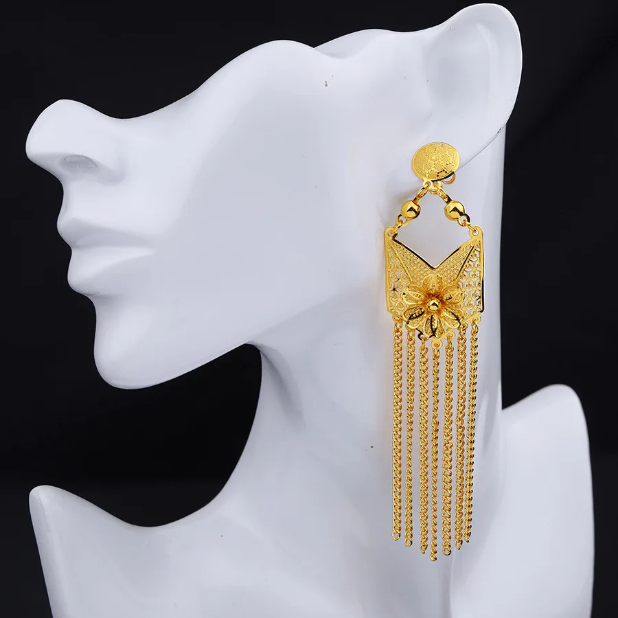 Dubai Indian Necklace Earrings Big Pendant Tassel Jewelry Set Gold Color For Women Nigeria African Bridal Wedding Party Jewelery 241107