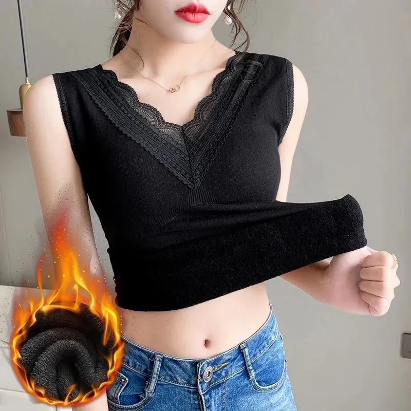 underwear warm body top vest sexy winter clothing womens sleeveless ultra-thin seamless V-neck lace side solid inner garment 241106
