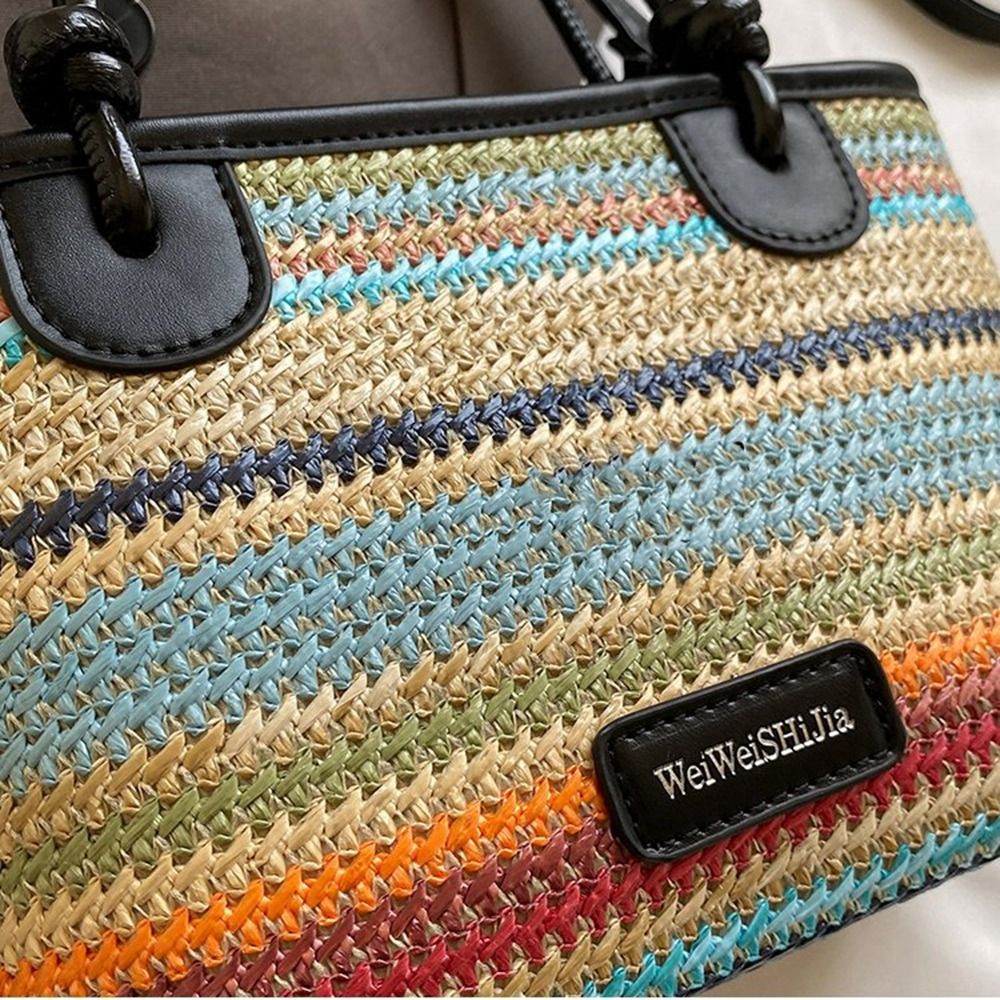 Cute Shoulder Bag Weave Straw Bag Hollow Out Crossbody Bag Beach Bag Bucket Bag Bohemian Style Rainbow Color Handbag Girls