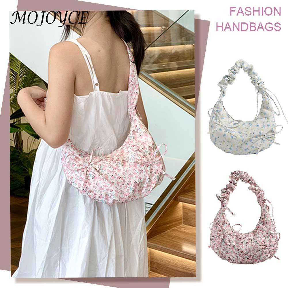 Shoulder Bag for Women Floral Crescent Bag Cloth Bowtie Handbag Ruched Clutch Purse for Commuting Travel