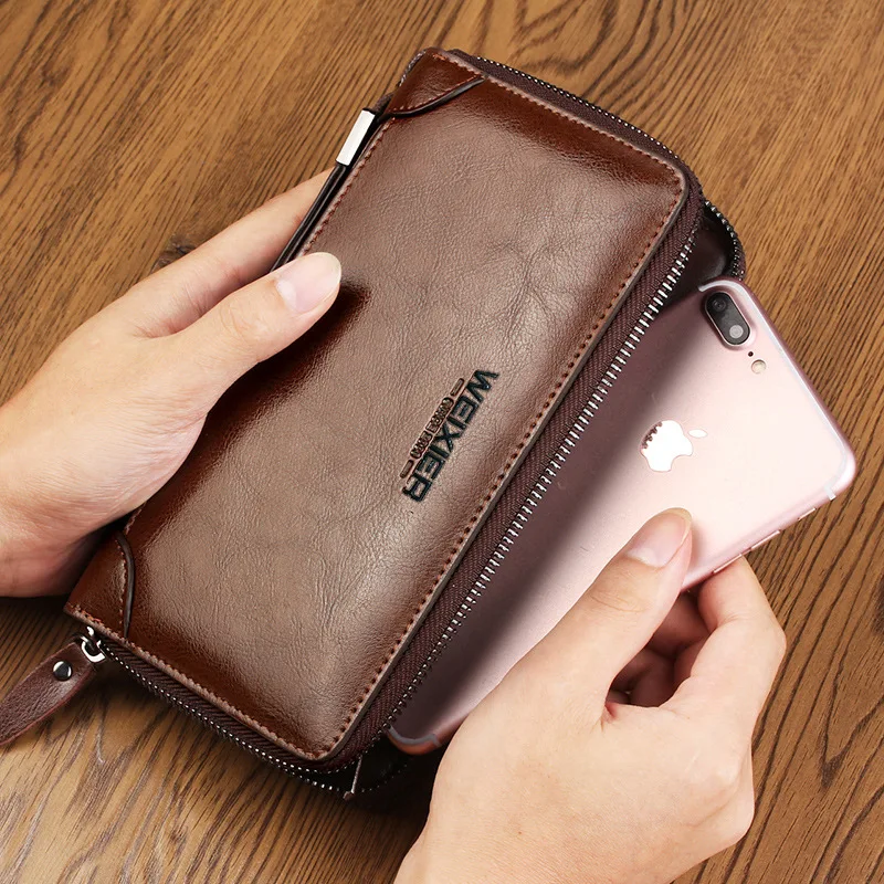 Top Men Long Money Wallet 2022 Double Zipper Coin Pocket Men Wallet Purse Casual Business Card Holder Vintage Male Clutch Bag