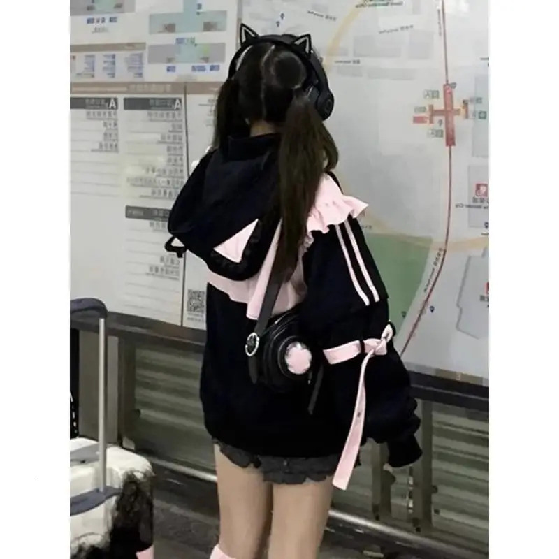 Japanese Sweet Subculture Y2K Clothing Hoodie Women Tops Autumn and Winter Color Match Splicing with Thick Velvet Cardigan Coat 241108