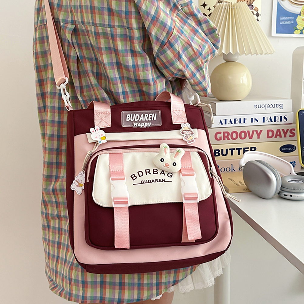 Cute Shoulder Bag Casual Messenger Bag Large Capacity Trendy Satchel Bag Adjustable Strap Contrast Color School Book Bag