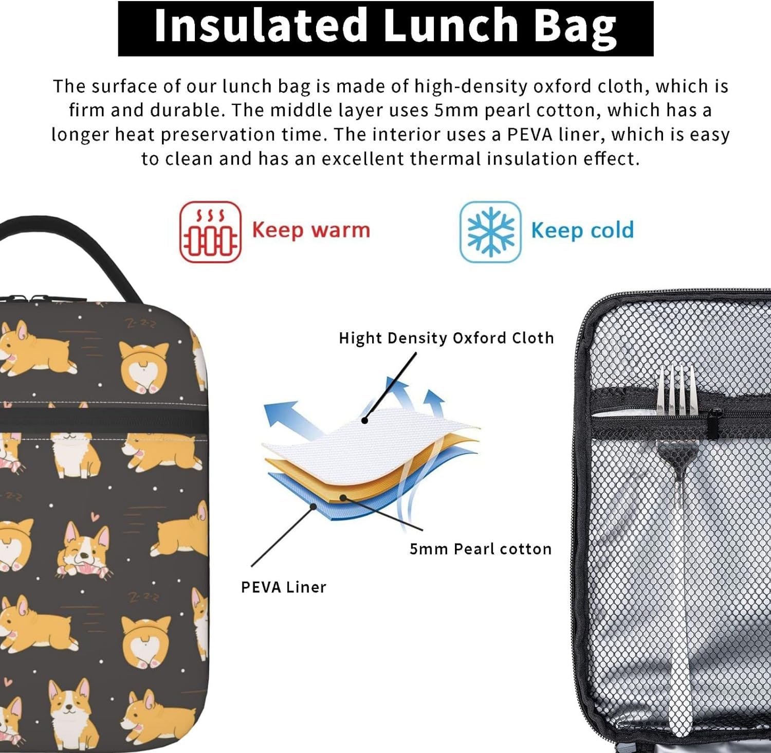 Lunch Bag Dog Animal Insulated Box Reusable with Side Pocket for Kids Boy Girl Work School Picnic Hiking