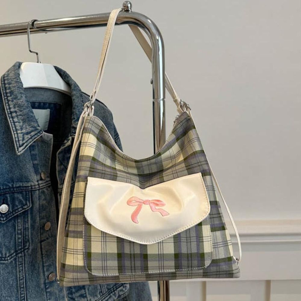 Fashion Korean Style Bowknot Shoulder Bag Sweet Large Capacity Lattice Tote Bag Elegant Adjustable Strap Student Backpack Female