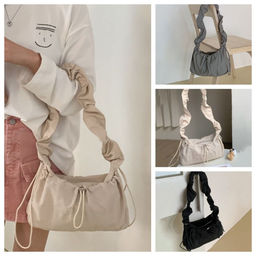 Vintage Drawstring Pleated Shoulder Bag Y2K Solid Color Cloud Crossbody Bag Balletcore Dumpling Bag Nylon Underarm Bag Girls