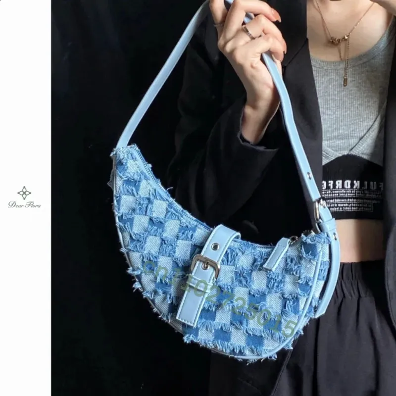 Vintage Denim Shoulder Bag Half Moon Saddle Bag Harajuku Women Underarm Bag Fashion Handbags Casual Ladies Purses Cowboy Bag