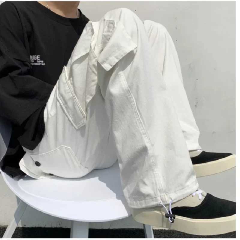 Black/white Casual Pants Mens Fashion Loose Straight Wide Leg Pants Men Streetwear Hip-hop Pocket Cargo Pants Mens Trousers LX241107