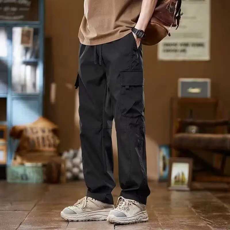 Mens Clothing Solid Color Pockets Elastic High Waisted Casual Retro Spring Autumn Vacation Trousers Cargo Korean Fashion Pants LX241107