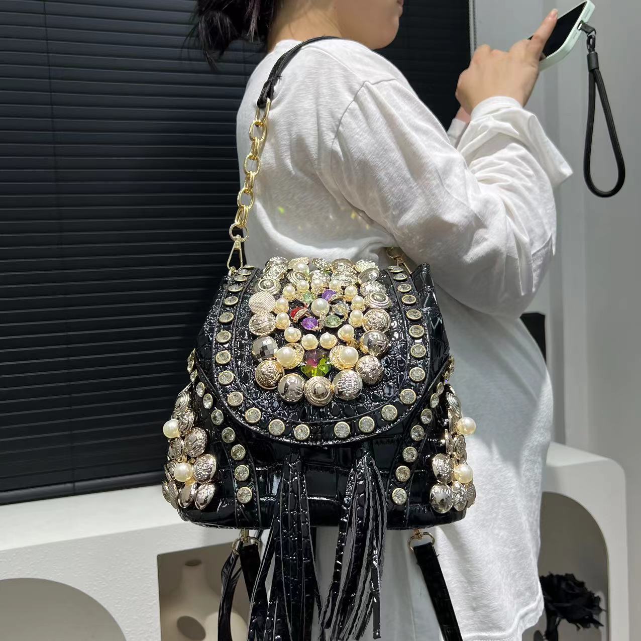 Women's Fashion Diamond Handbag Elegant Evening Beaded Light Luxury Backpack Crossbody Bag