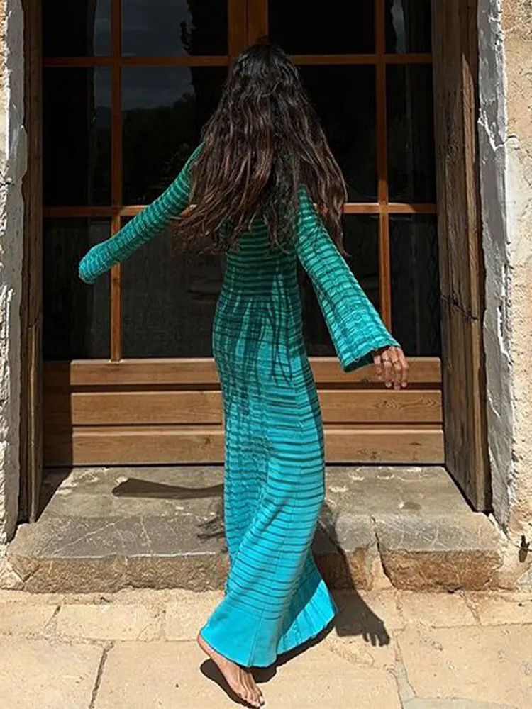 Fashion O-neck Flared Sleeve Knitted Long Dress Womens Casual Elegant Maxi Vestidos Vacation Party Club Evening Robes 240319