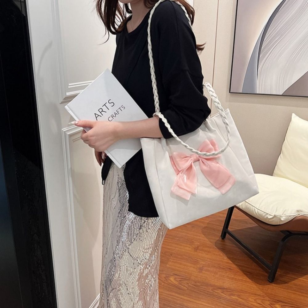 Fashion Ballet Style Bowknot Underarm Bags PU Leather Large Capacity Bow Tote Handbag Y2K Korean Bowknot Armpit Bag Girls