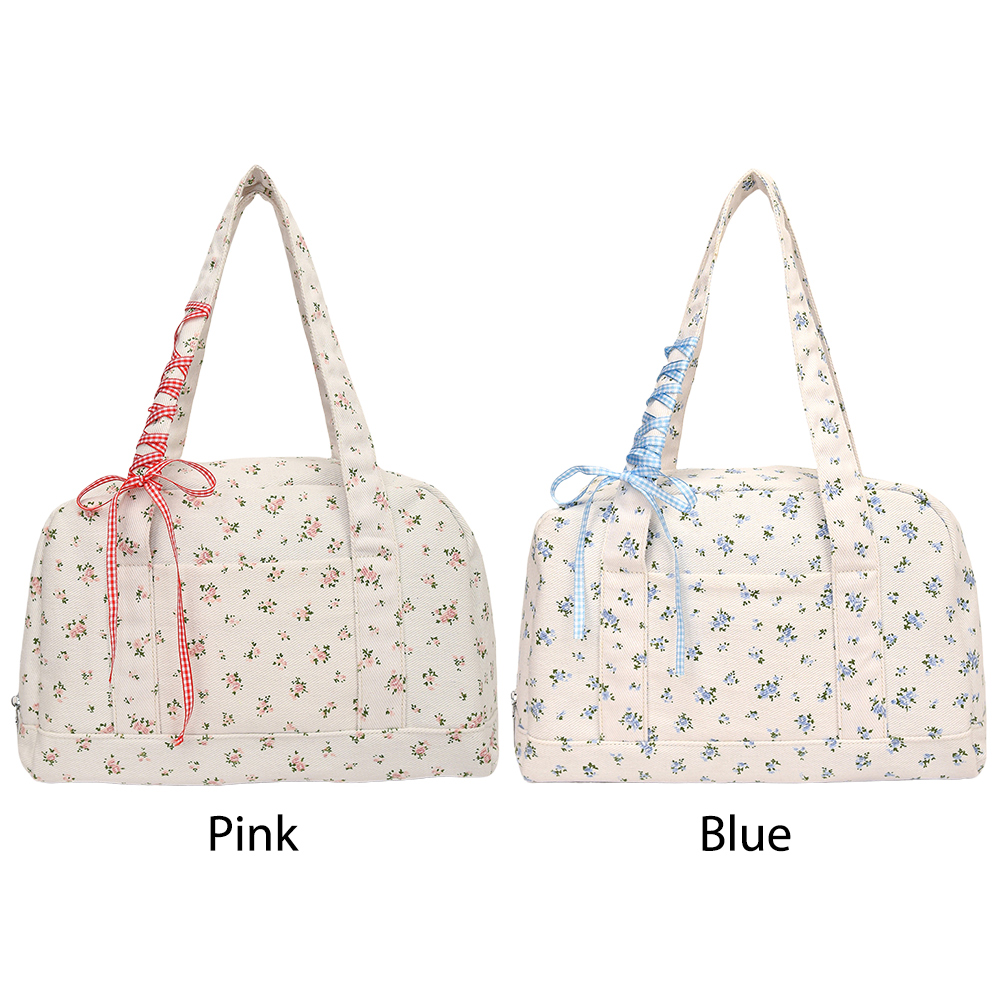 Women Floral Shoulder Bag with Multi Pocket Canvas Tote Bag Bow Tie Hobo Bag Cute Satchel Purse for Travel Work