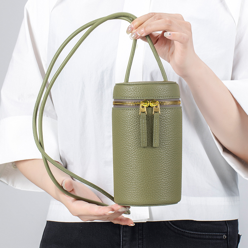 Top layer cowhide versatile bucket niche crossbody fashionable cylindrical bag, genuine leather shoulder bag