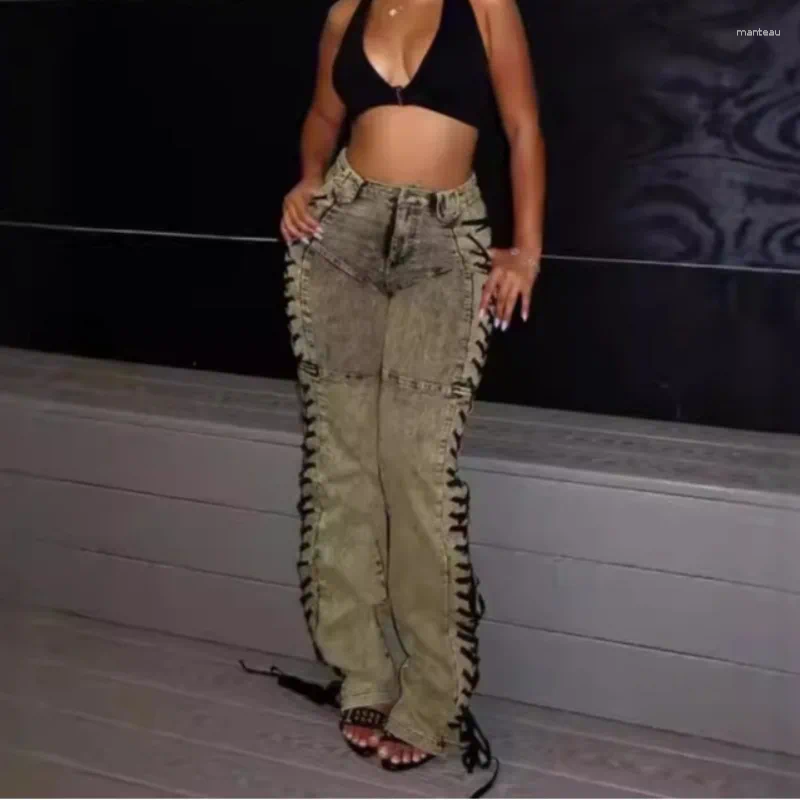 Women's Jeans Women Fashion Drawstring Denim Pants Button High Waist Side Grommet Cross Lace Up Skinny Trousers Y2K Streetwear
