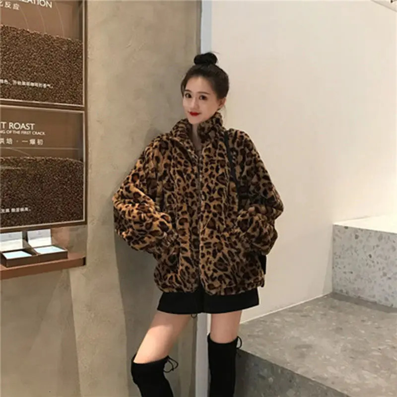Winter Leopard Print Jacket Womens Stand collar Warm Parkas Outwear 2024 Autumn Korean Female Loose Faux Fur Coats 241029