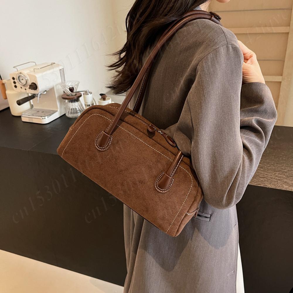 New Suede Shoulder Bag for Women Multi Pocket Underarm Bag Faux Suede Solid Color Handbag Zipper Satchel Bag for Work Shopping