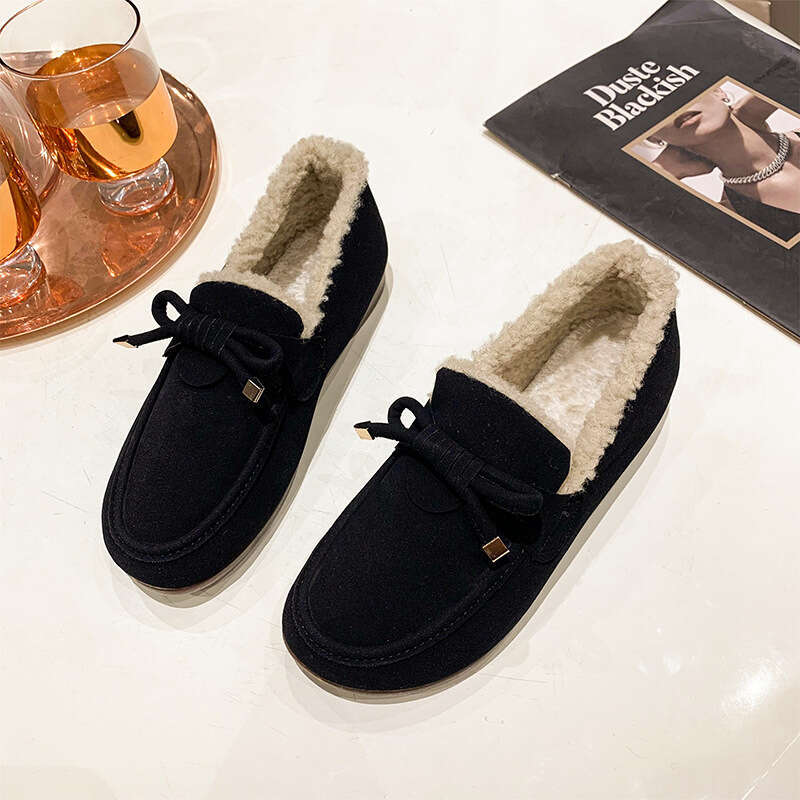 Black Leather Loafers Shoes Woman Boots Winter Flat Fashion Keep Warm One-step Faux Fur Casual Shoes Women Walking Flats Shoes