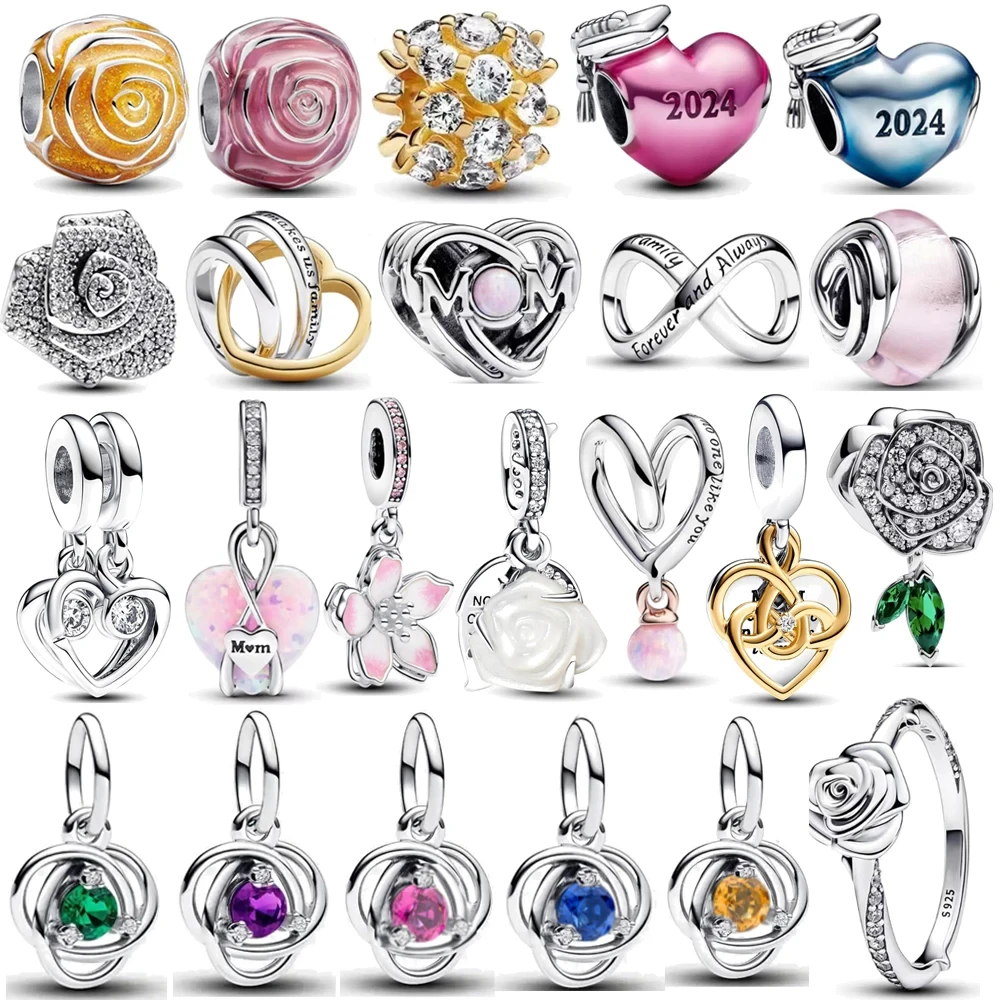 New 925 Sterling Silver 2024 Mother's Day Love You Mom Double Heart Charm Beads Fit Original Bracelet DIY Women Jewelry Gift