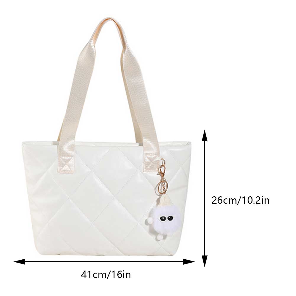 Women Puffy Top Handle Bag Large Capacity Quilted Simple Padded Bag Lightweight PU Leather with Pendant Girls Leisure Winter Bag