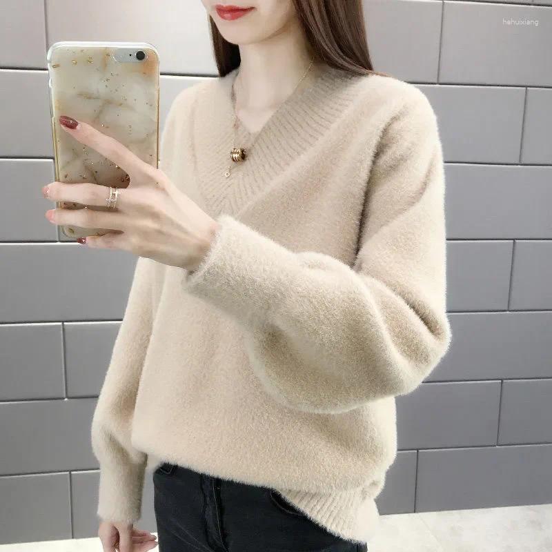 Women's Sweaters Winter V-Neck Sweater Pullover Loose Fit Korean Style Thickened Knit Outerwear Base Layer Top Trendy