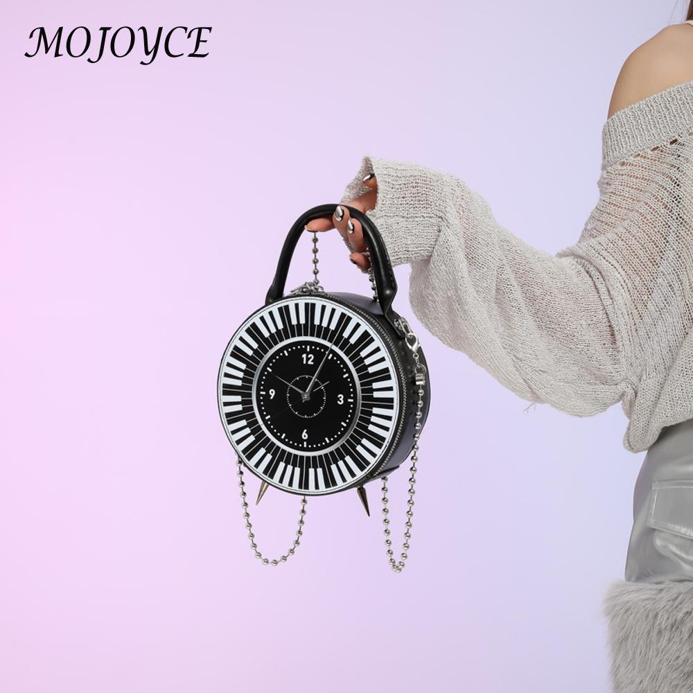 Women PU Creative Round Clock Bag Chain Strap Retro Clock Dial Handbag Black White Piano Clock Shoulder Purse Top Handle Bag