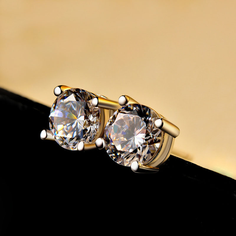 18K Real White Gold Plated 4 Claws Zirconia Stud Earrings for Men Women Lovers Crystal Couple Earrings Elegant Black White Men's Zircon Diamond E