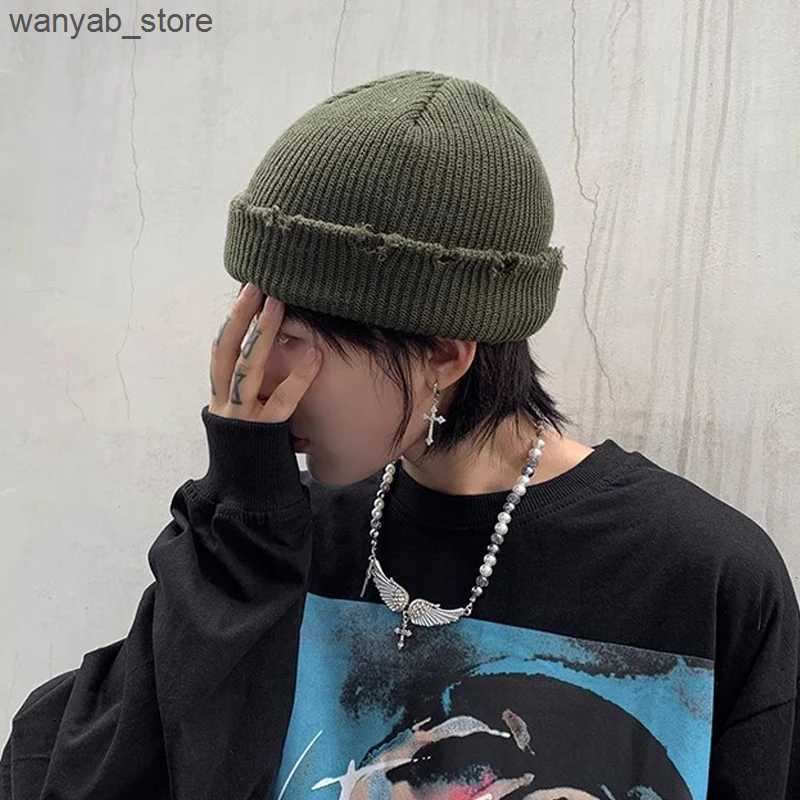 Beanie/Skull Caps Fashion Y2K Knit Short Beanies for Men Women Autumn Winter Hats Solid Color Hip-hop Skullies Caps Unisex Ripped Streetwear L240910
