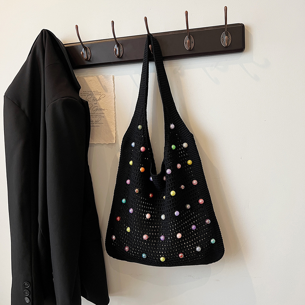 Women Crochet Shoulder Bag Simple Commuting Bag Large Capacity Fashion Tote Handbags with Colorful Pearls Outdoor Travel Bag