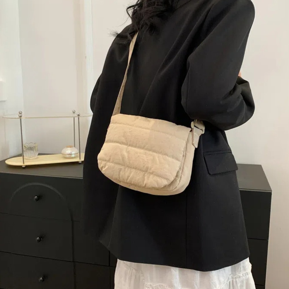 Small Quilted Cotton Shoulder Bag Nylon Wide Straps Puffer Tote Bag Flip Up Solid Color Puffy Handbag School