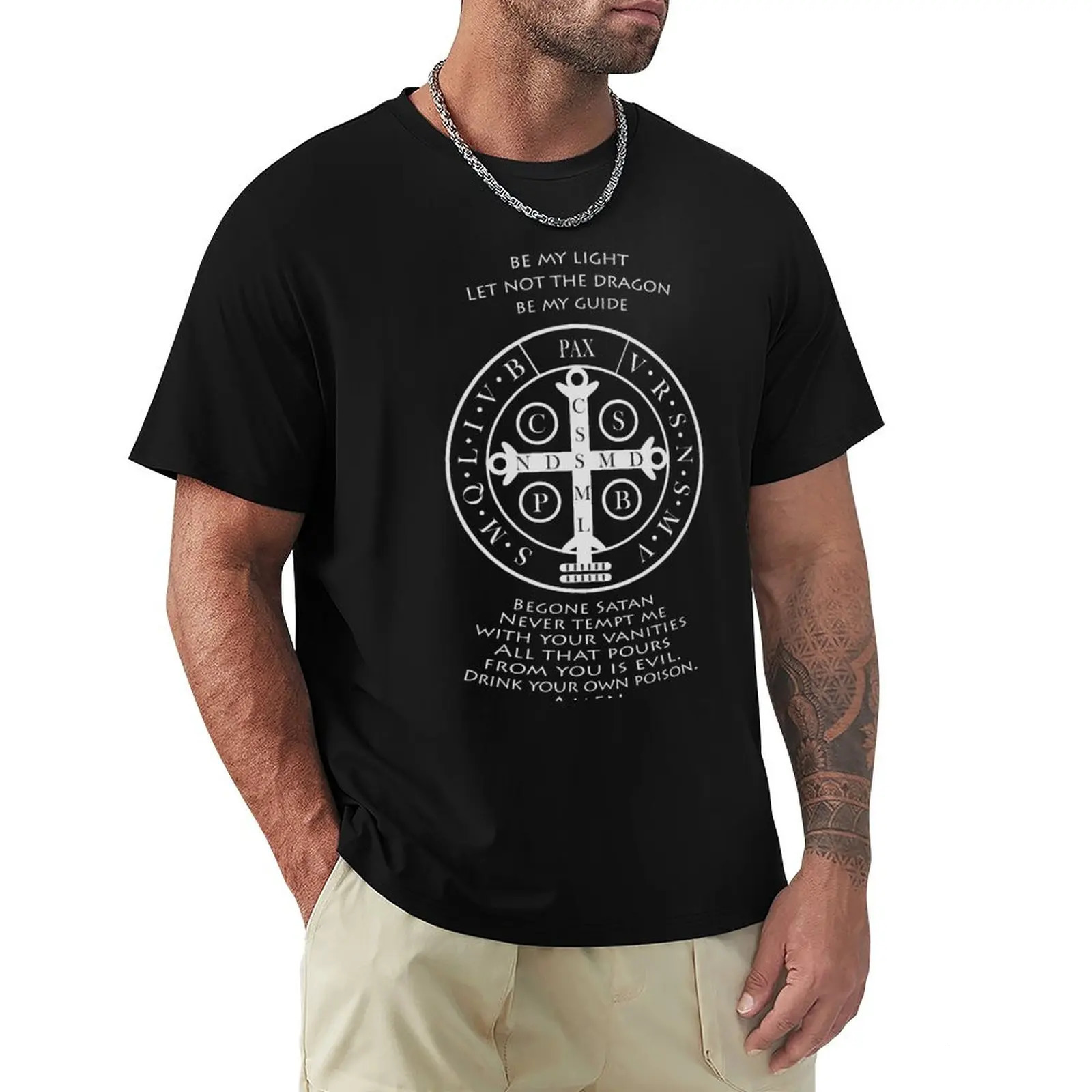 Saint Benedict Medal with prayeron black T-Shirt plain t-shirt anime clothes blank t shirts oversized t shirts for men 240319