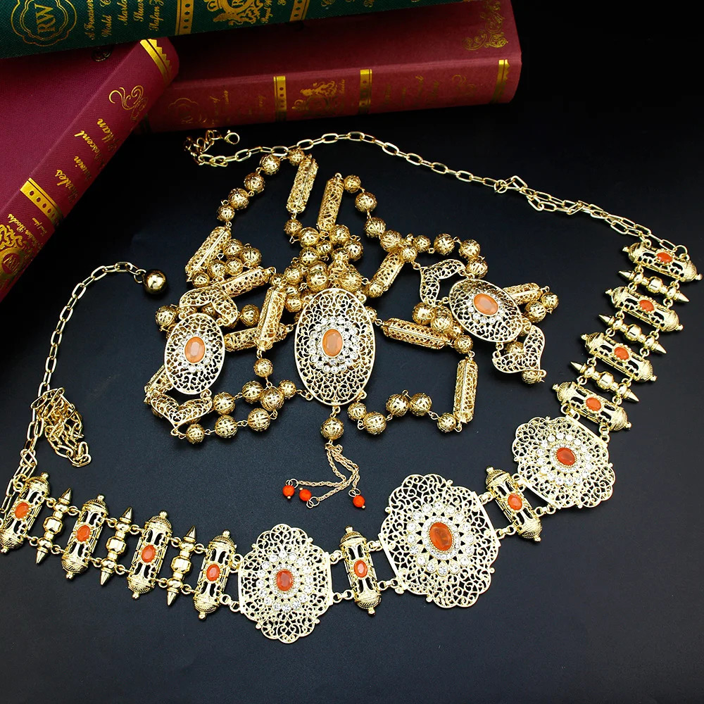 Sunspicems Chic Morocco Bride Wedding Jewelry Set Caftan Waist Chain Belt Long Shoulder Straps Necklace Women Body 240401