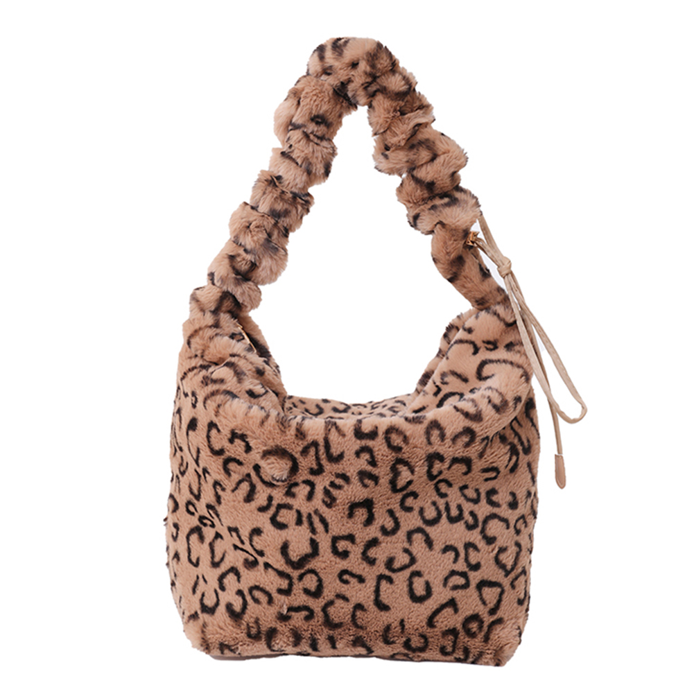 Women Plush Soft Tote Bag Drawstring Strap Leopard Print Fashion Shoulder Bag Large Capacity Chic Hobo Bag Outdoor Travel Bag