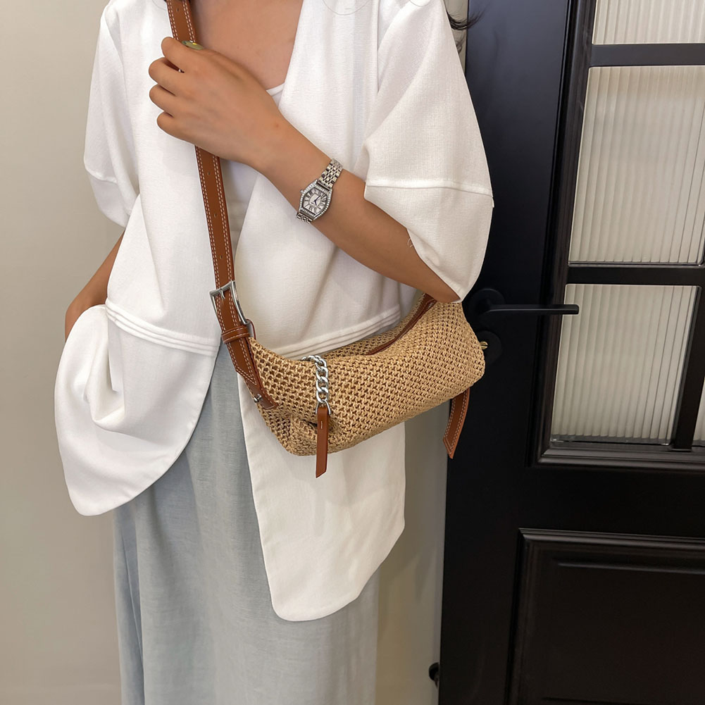 Women Straw Dumpling Bag Adjustable Strap Vintage Shoulder Bag Contrast Color Retro Straw Sling Bag Ladies Summer Daily Bag