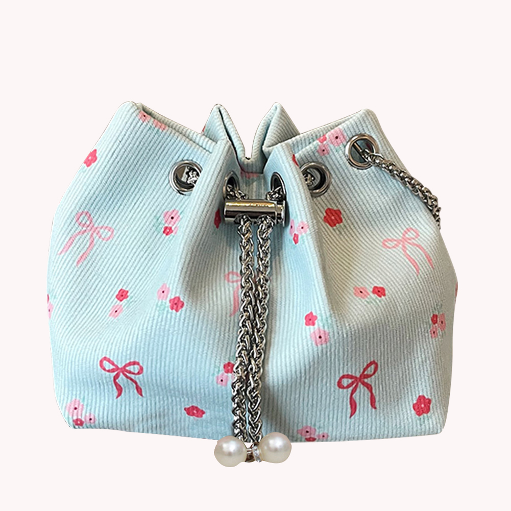 Women Corduroy Bucket Bag Bow Print Shoulder Bag with Chain Crossbody Bag Clutch Purse for Work Travel