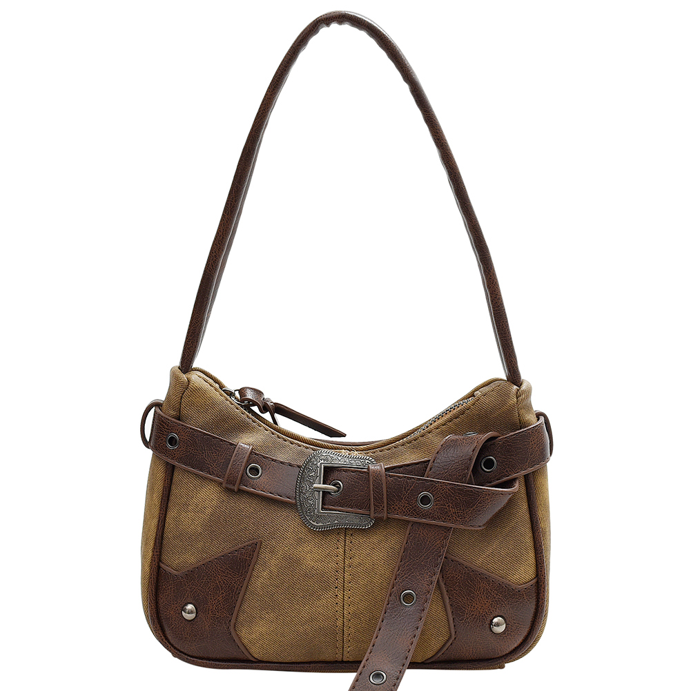 Women Vintage Underarm Bag Zipper Closure Rivet Belt Patchwork Armpit Bag Large Capacity Motorcycle Handbag for Outdoor Travel