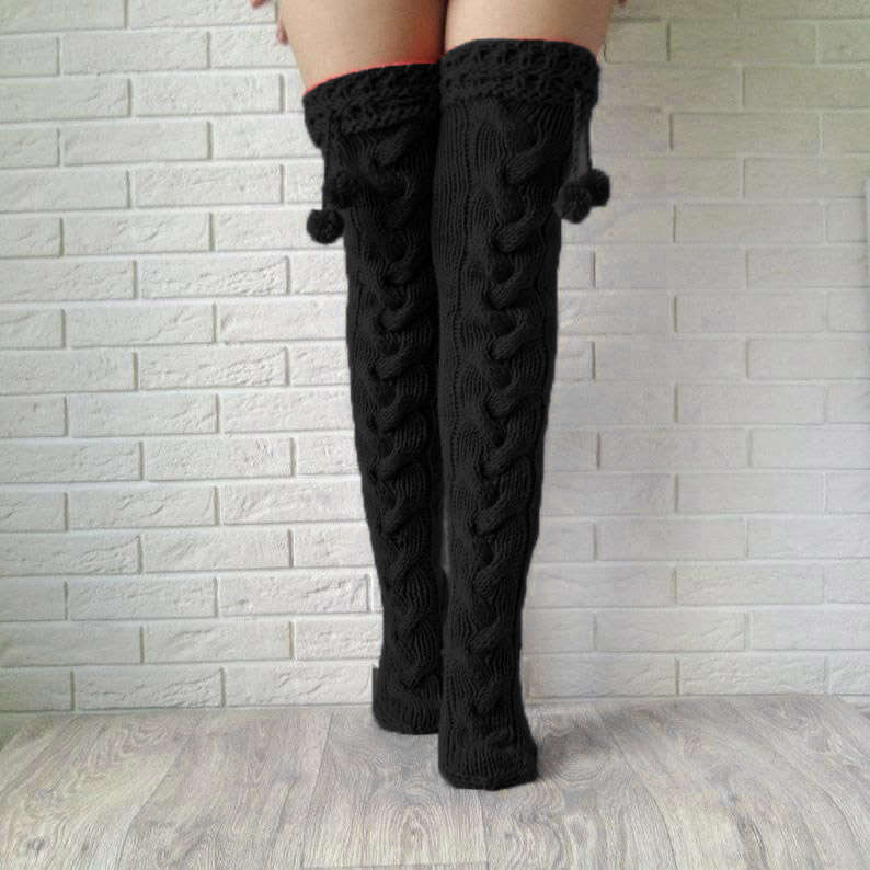 Women S Cable Knit Thigh High Soc With Fuzzy Pom Poms Cozy Over The Knee Winter Stockings Trendy Leg Warmers For Cold